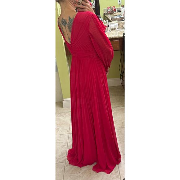 Bagdley Mischka Plisse pleated chiffon formal gown ($795) Pink long sleeve 2 - Picture 6 of 11